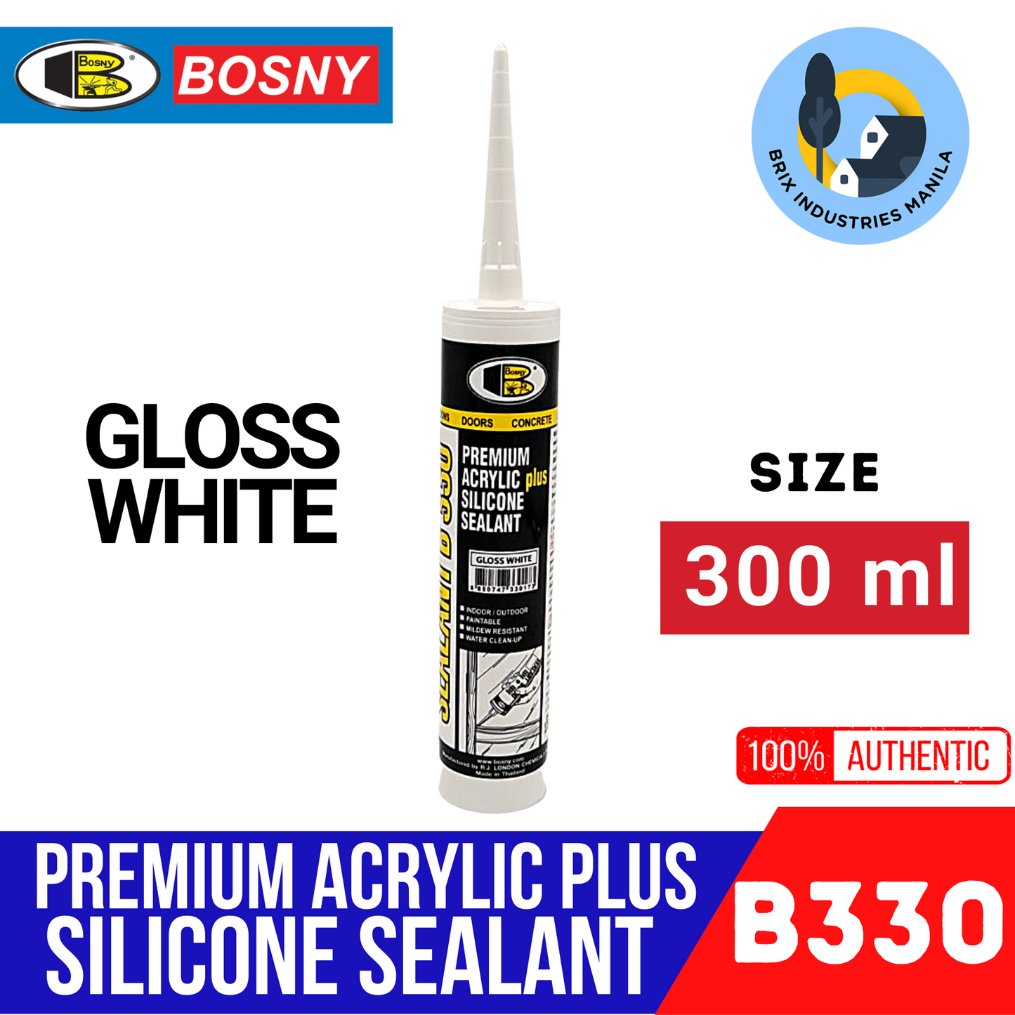 Bosny Premium Acrylic Plus Silicone Sealant 300ml B330 Clear Black or White