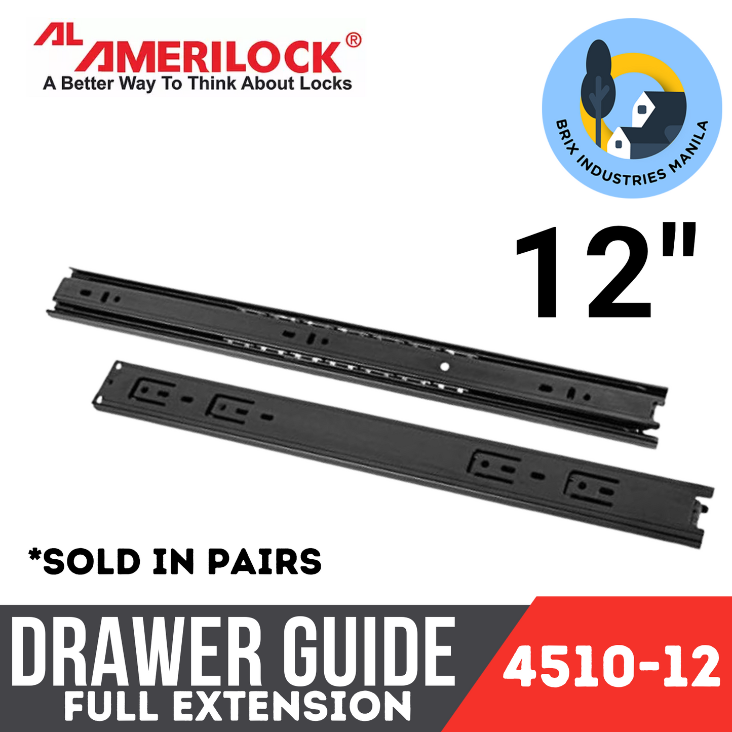 Amerilock Drawer Guide Full Extension Ball Bearing Drawer Slide Heavy Duty 12" 14" 16" 18" 20" 22" 24"