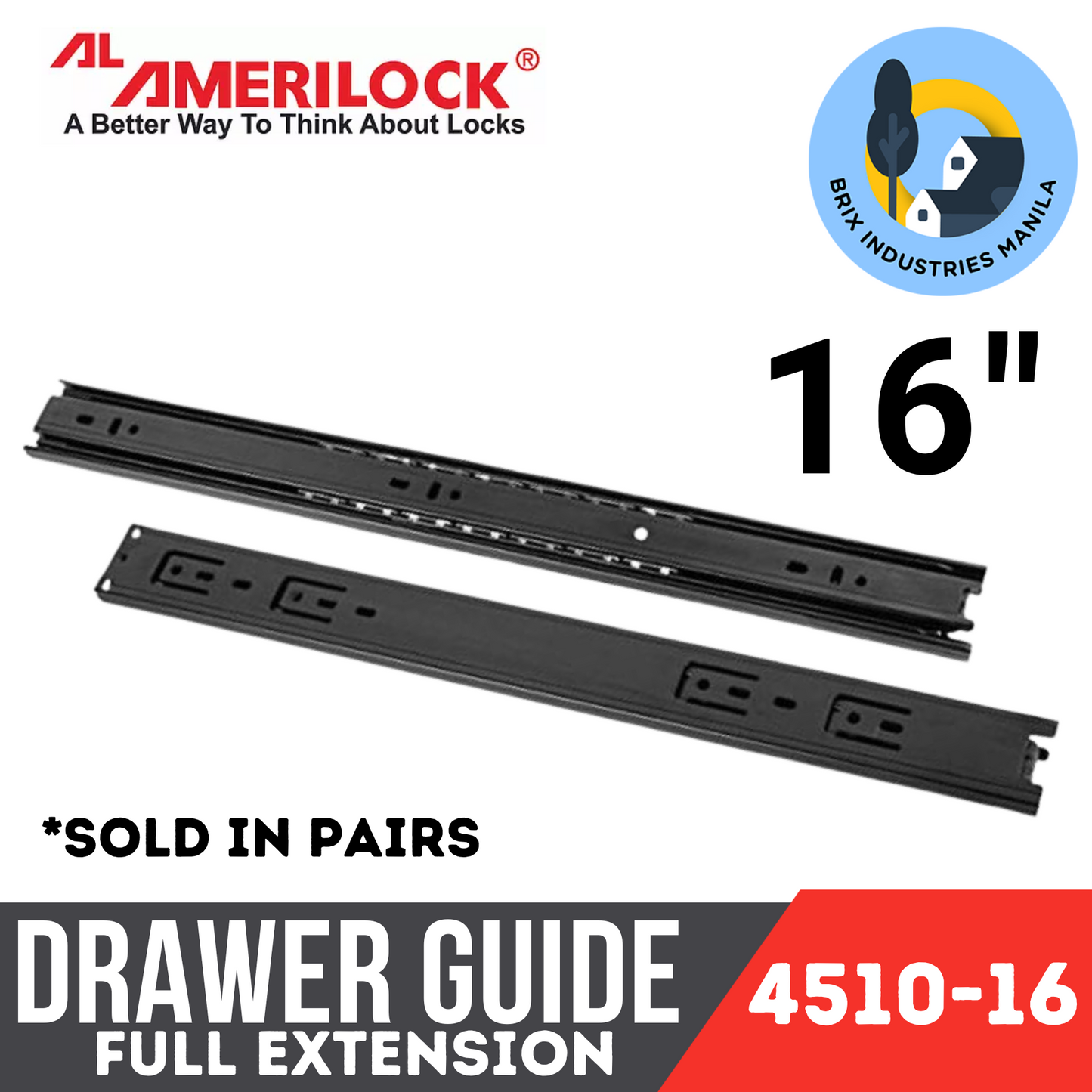 Amerilock Drawer Guide Full Extension Ball Bearing Drawer Slide Heavy Duty 12" 14" 16" 18" 20" 22" 24"