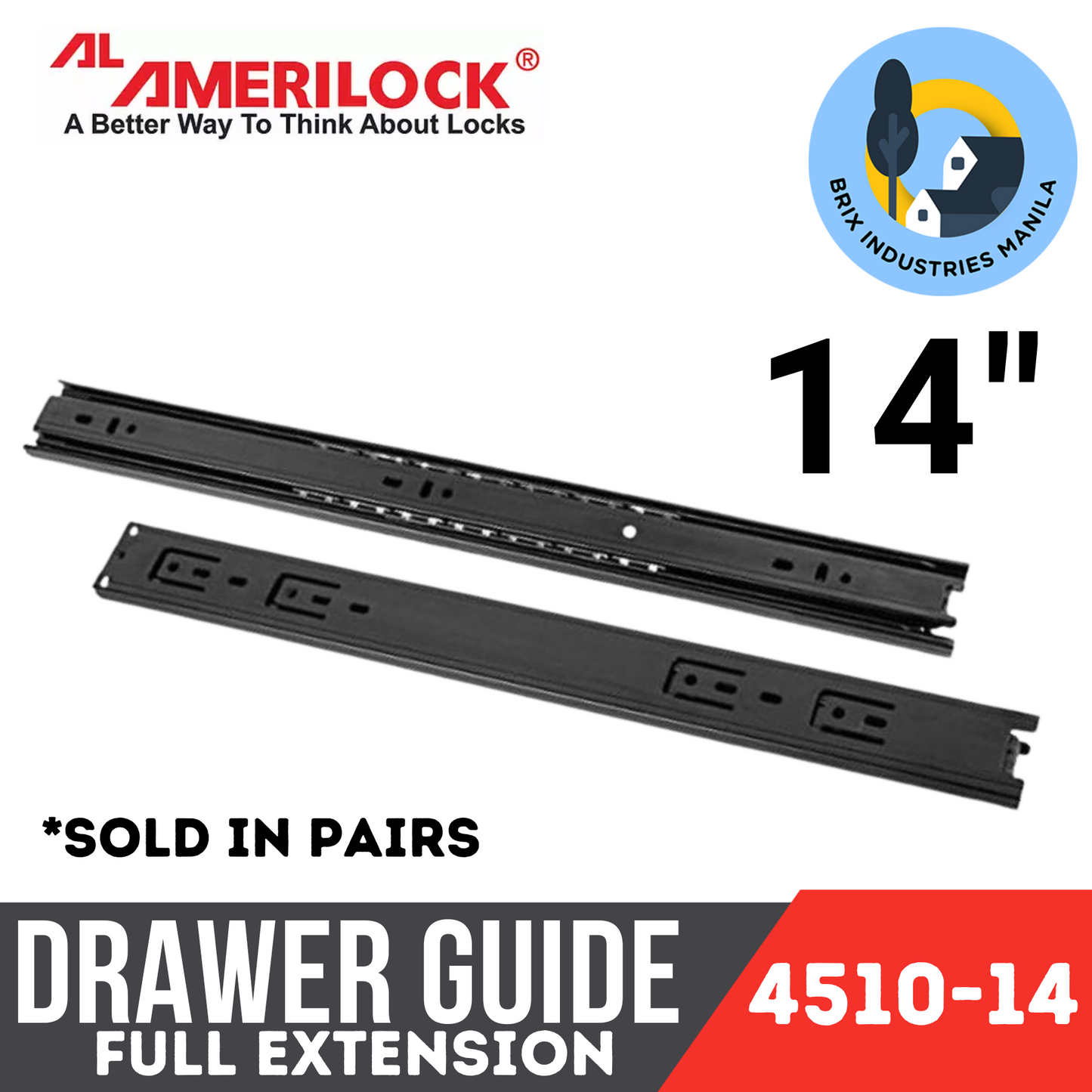 Amerilock Drawer Guide Full Extension Ball Bearing Drawer Slide Heavy Duty 12" 14" 16" 18" 20" 22" 24"
