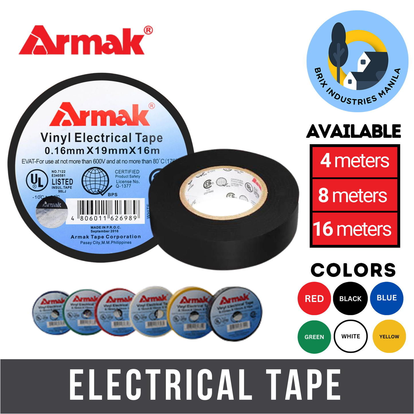 Armak Original Electrical Tape Black Blue Green Red White Yellow 4, 8 or 16 Meters Small Medium Big Sizes