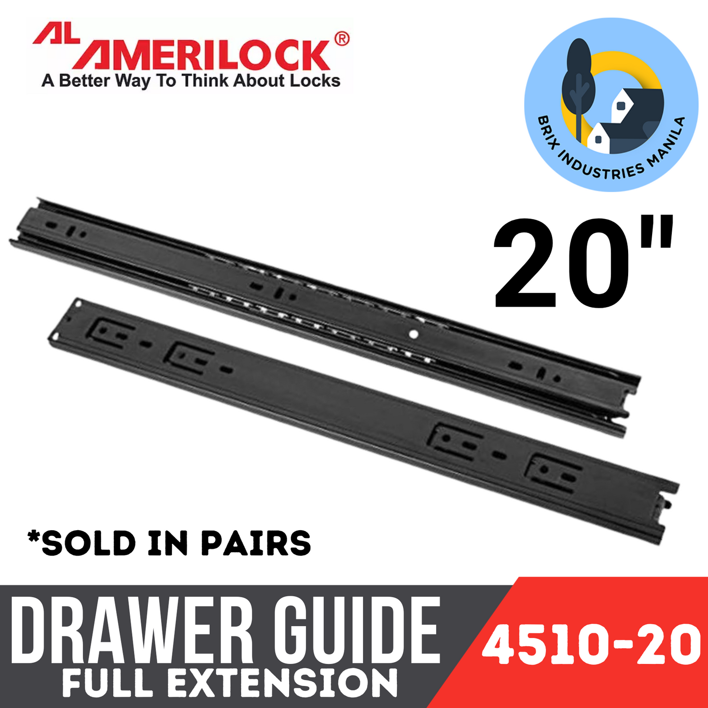 Amerilock Drawer Guide Full Extension Ball Bearing Drawer Slide Heavy Duty 12" 14" 16" 18" 20" 22" 24"