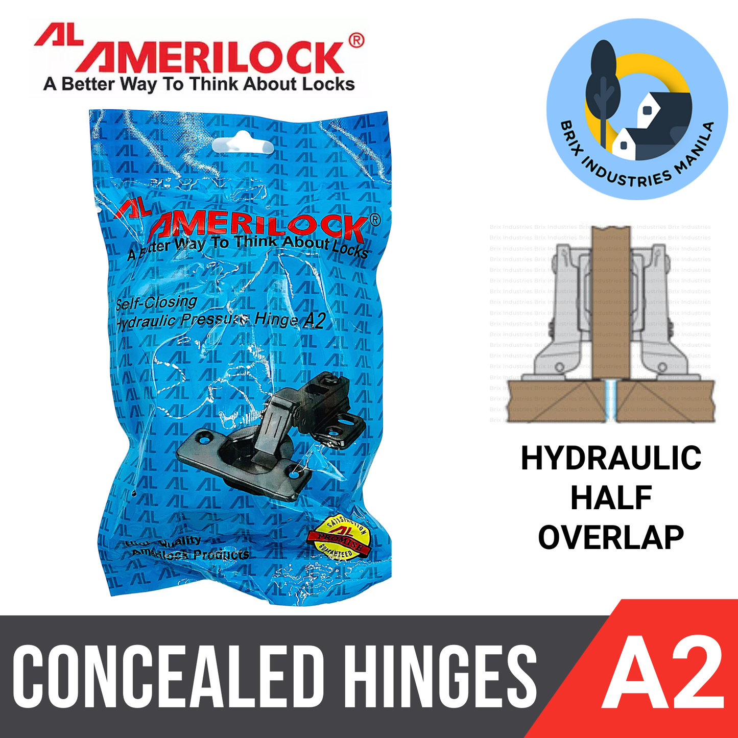 Amerilock Original Hydraulic Concealed Hinges Self-Closing A1 A2 A3 (1 Pair) Full Overlap, Half Overlap, Inset Cabinet Hinges