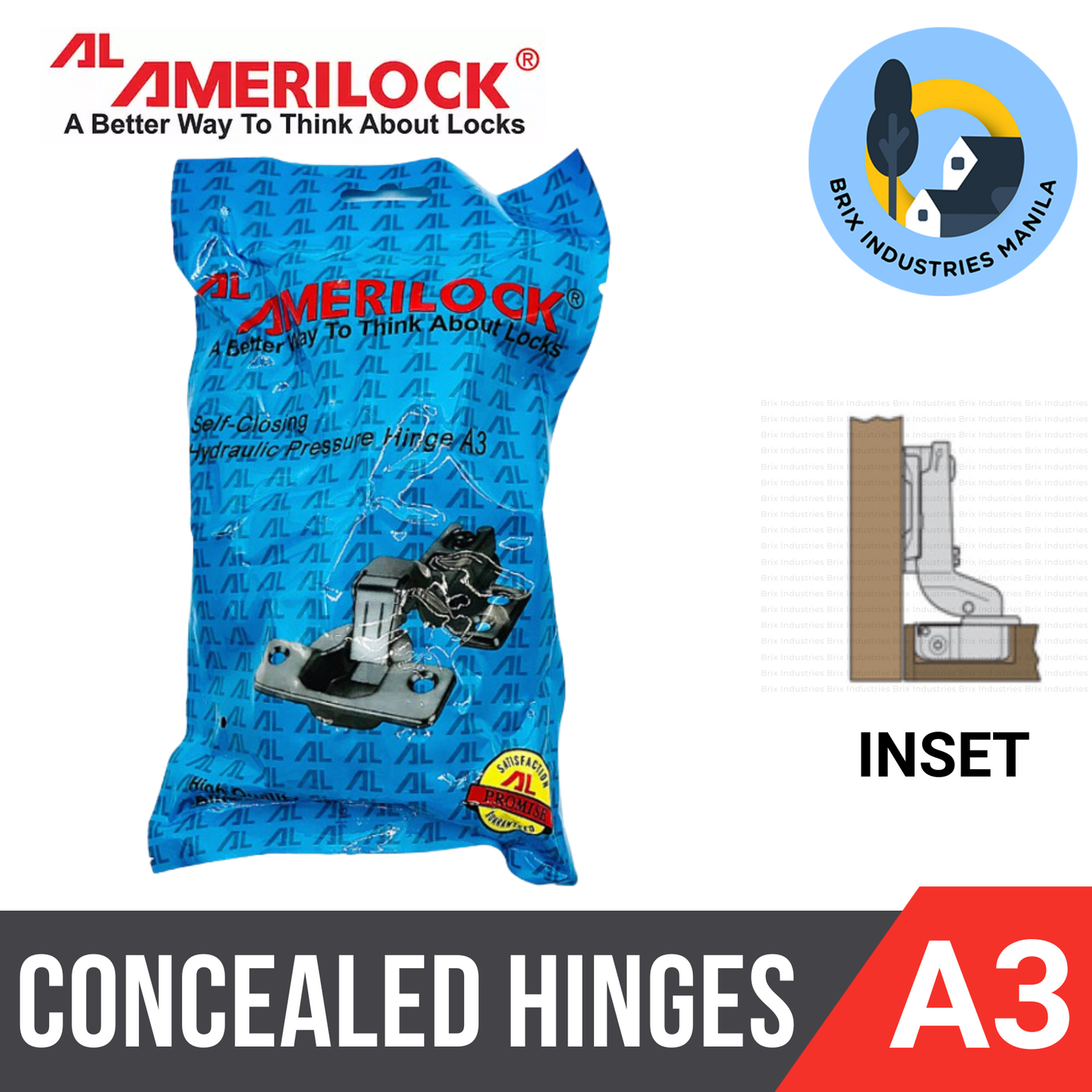 Amerilock Original Hydraulic Concealed Hinges Self-Closing A1 A2 A3 (1 Pair) Full Overlap, Half Overlap, Inset Cabinet Hinges