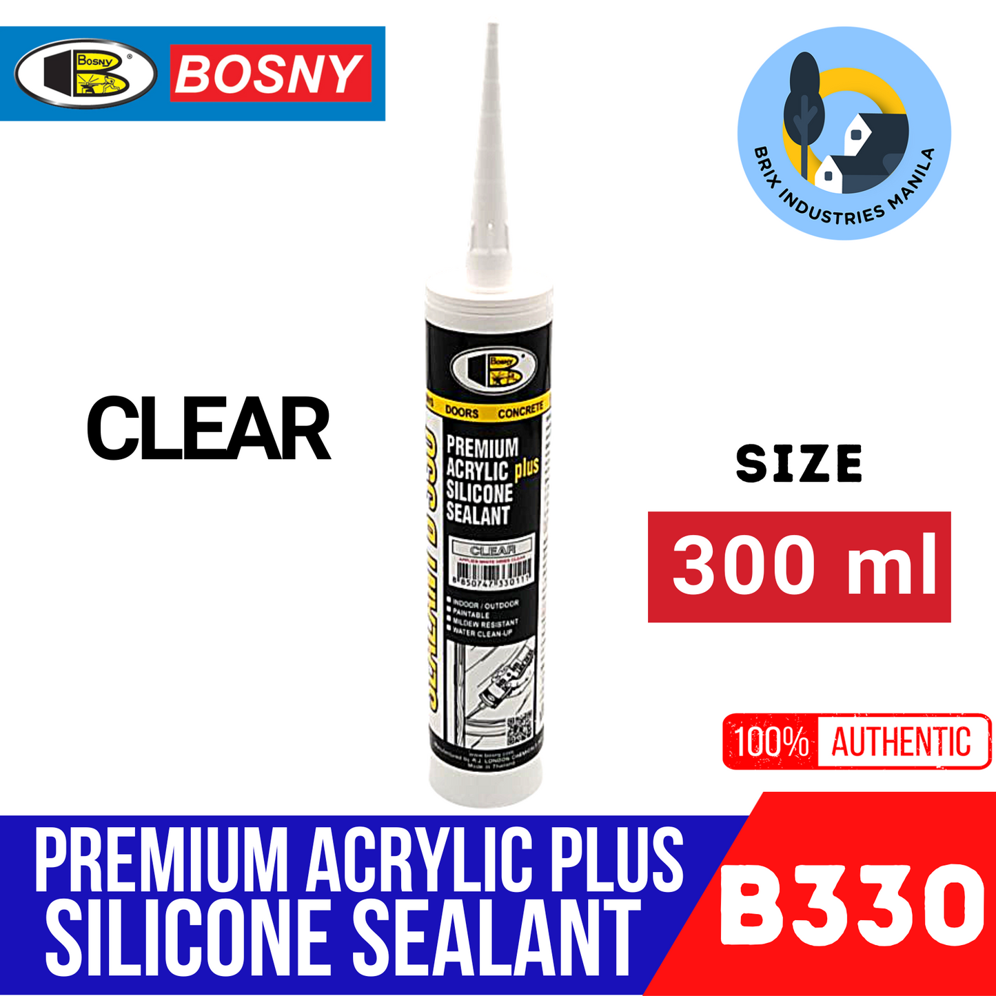 Bosny Premium Acrylic Plus Silicone Sealant 300ml B330 Clear Black or White