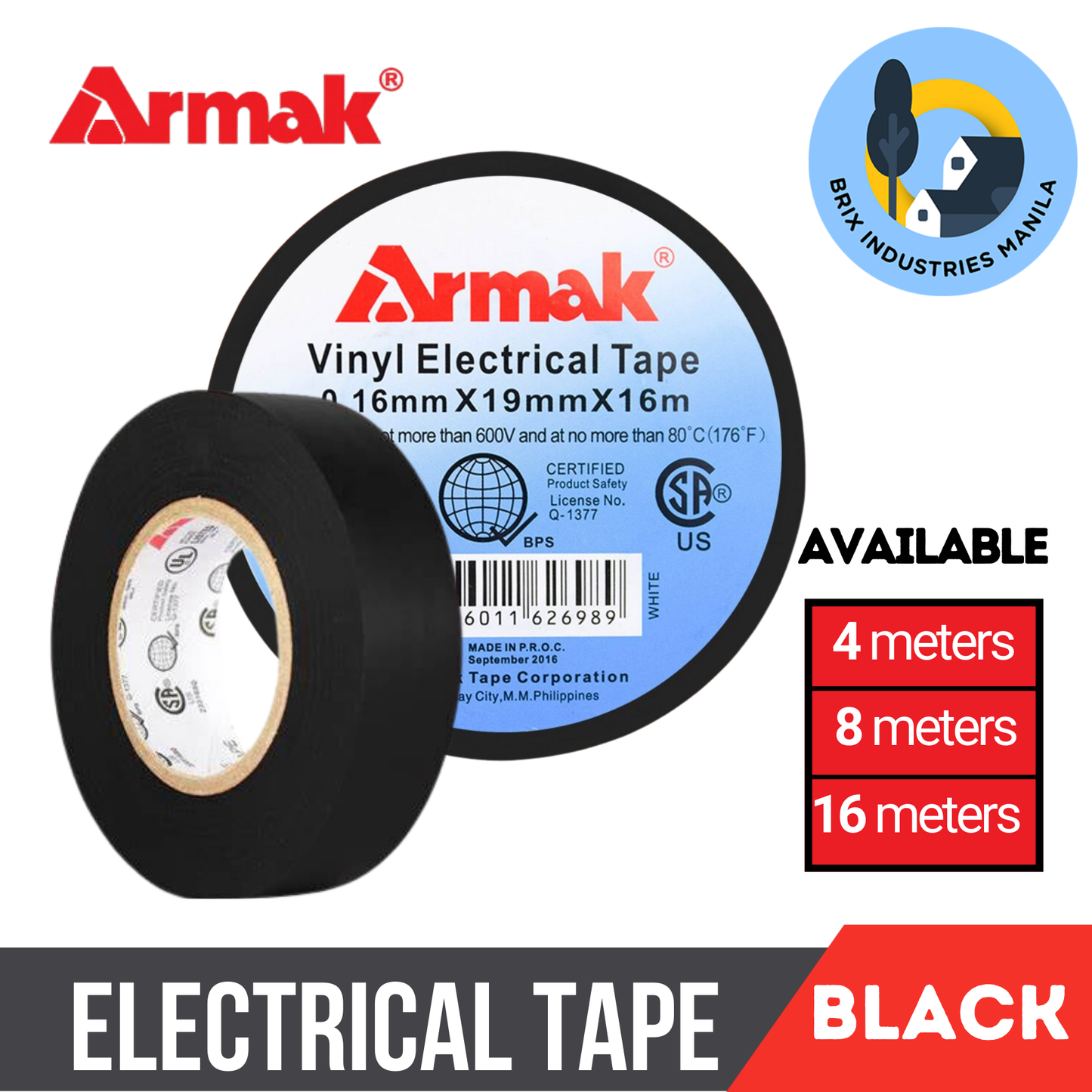 Armak Original Electrical Tape Black Blue Green Red White Yellow 4, 8 or 16 Meters Small Medium Big Sizes
