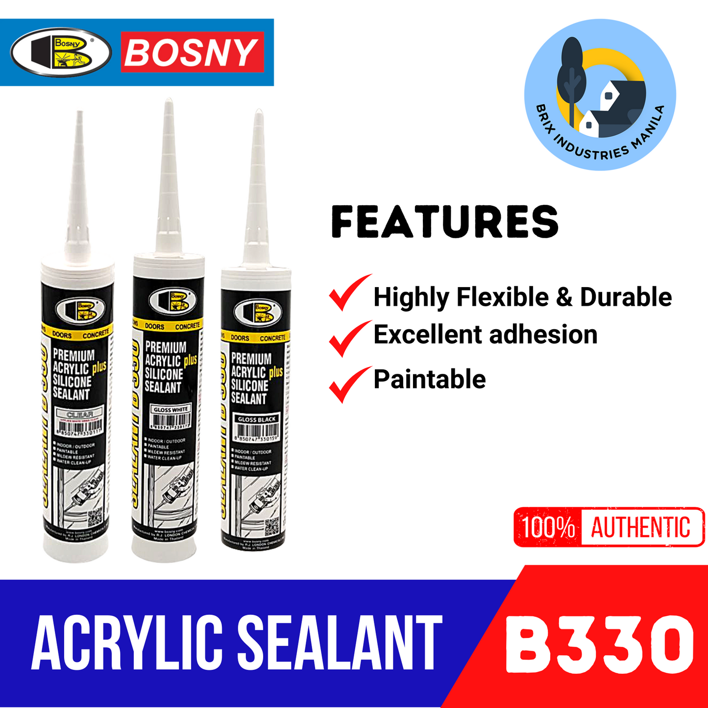 Bosny Premium Acrylic Plus Silicone Sealant 300ml B330 Clear Black or White