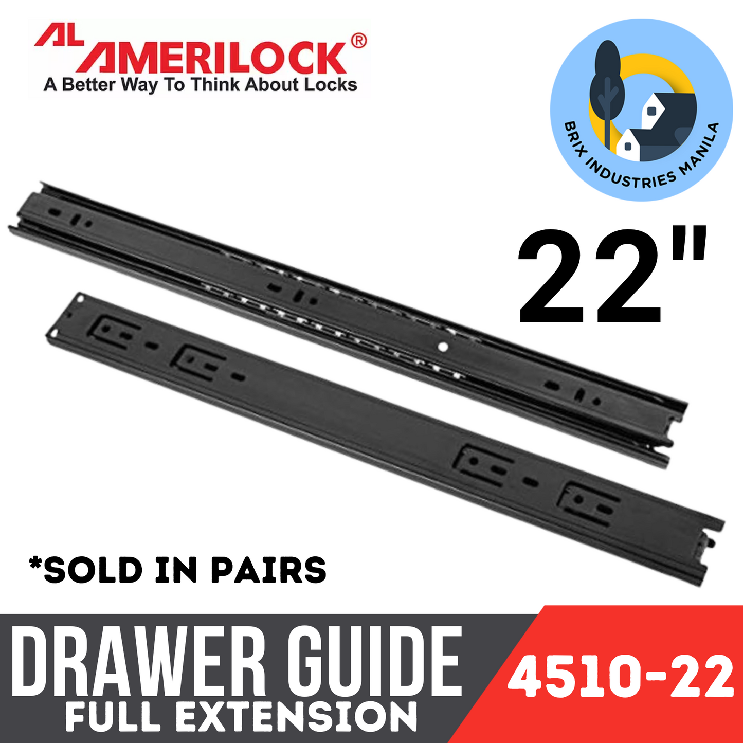 Amerilock Drawer Guide Full Extension Ball Bearing Drawer Slide Heavy Duty 12" 14" 16" 18" 20" 22" 24"