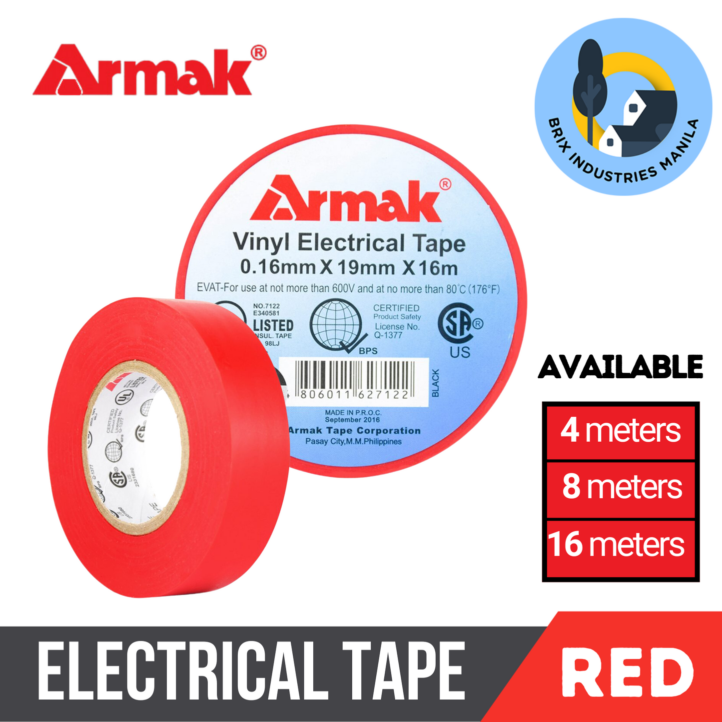 Armak Original Electrical Tape Black Blue Green Red White Yellow 4, 8 or 16 Meters Small Medium Big Sizes