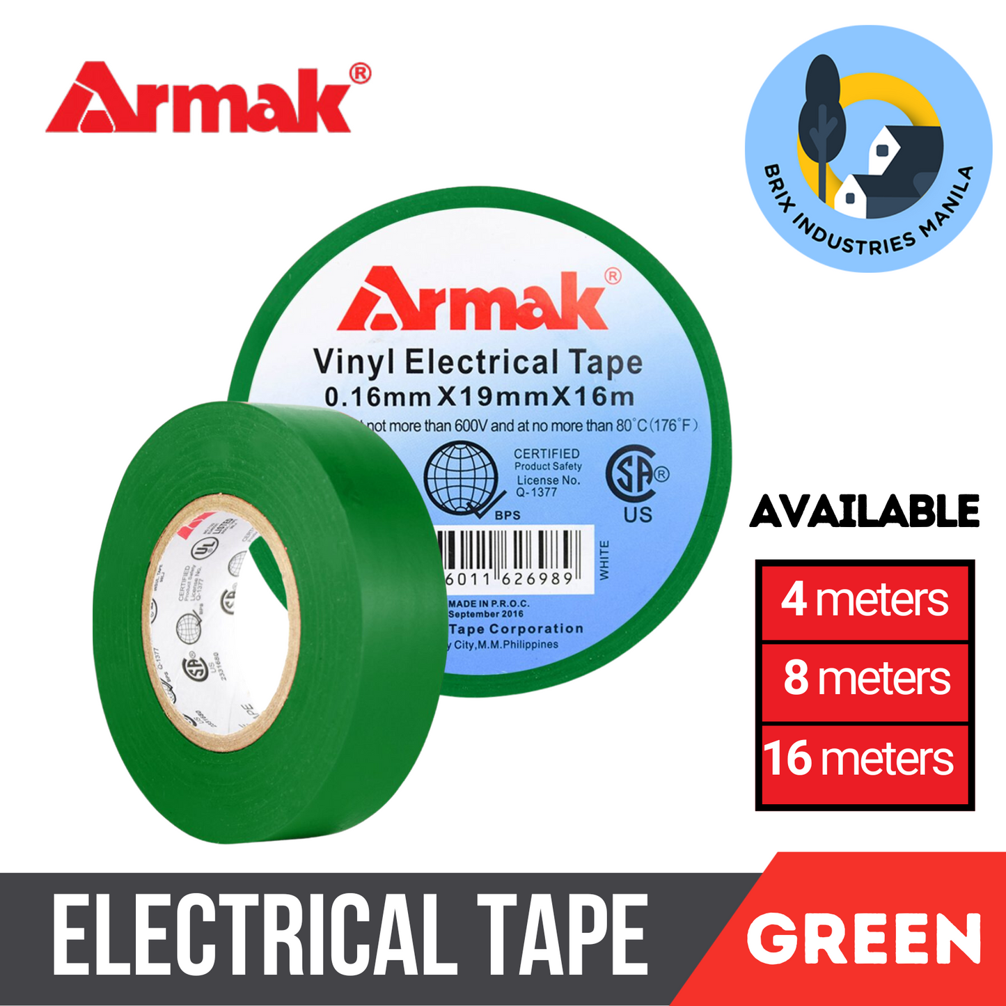 Armak Original Electrical Tape Black Blue Green Red White Yellow 4, 8 or 16 Meters Small Medium Big Sizes