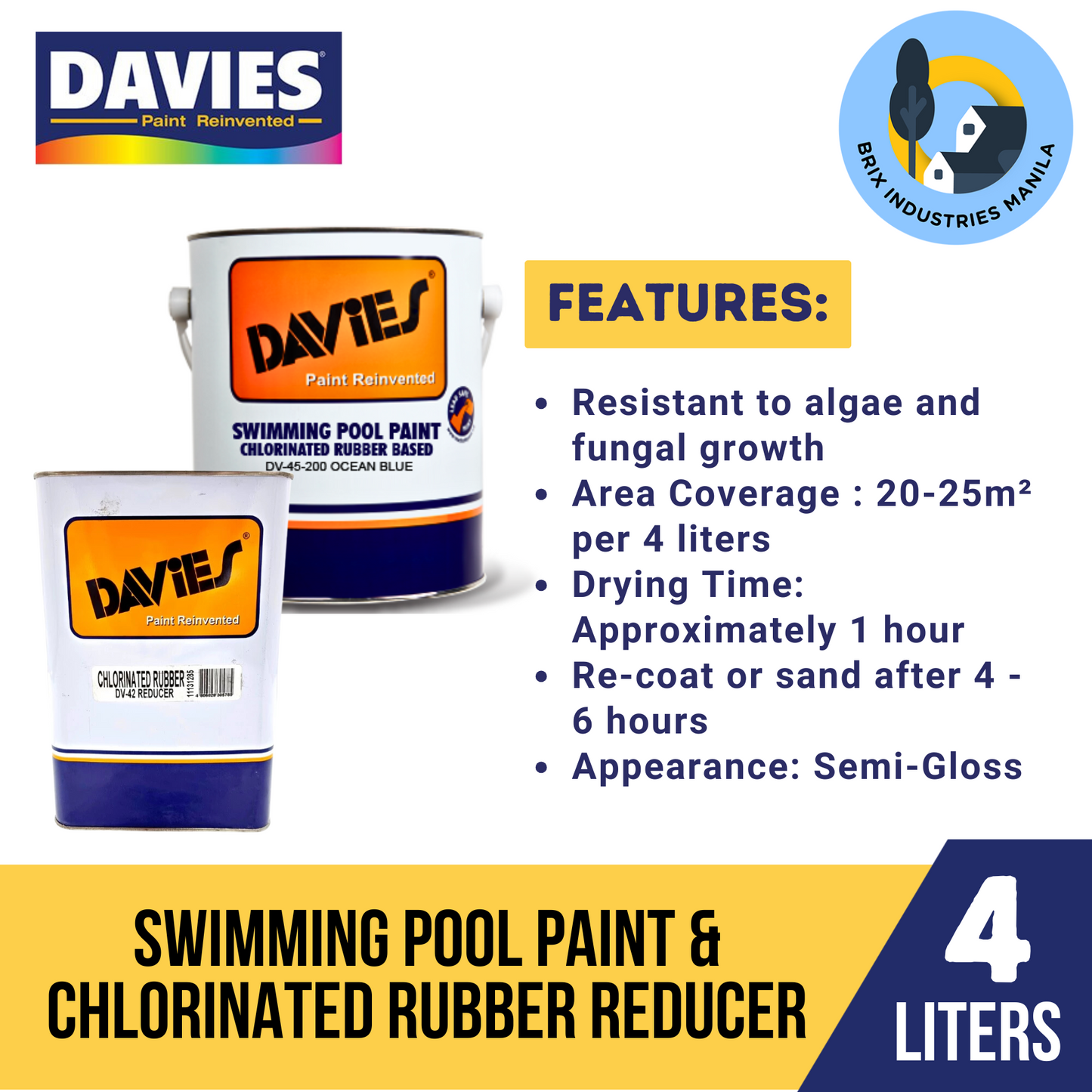 Davies Swimming Pool Paint Ocean Blue, White or Chlorinated Rubber Reducer 4L (Gallon) DV-45-200, DV-45-000 or DV-42