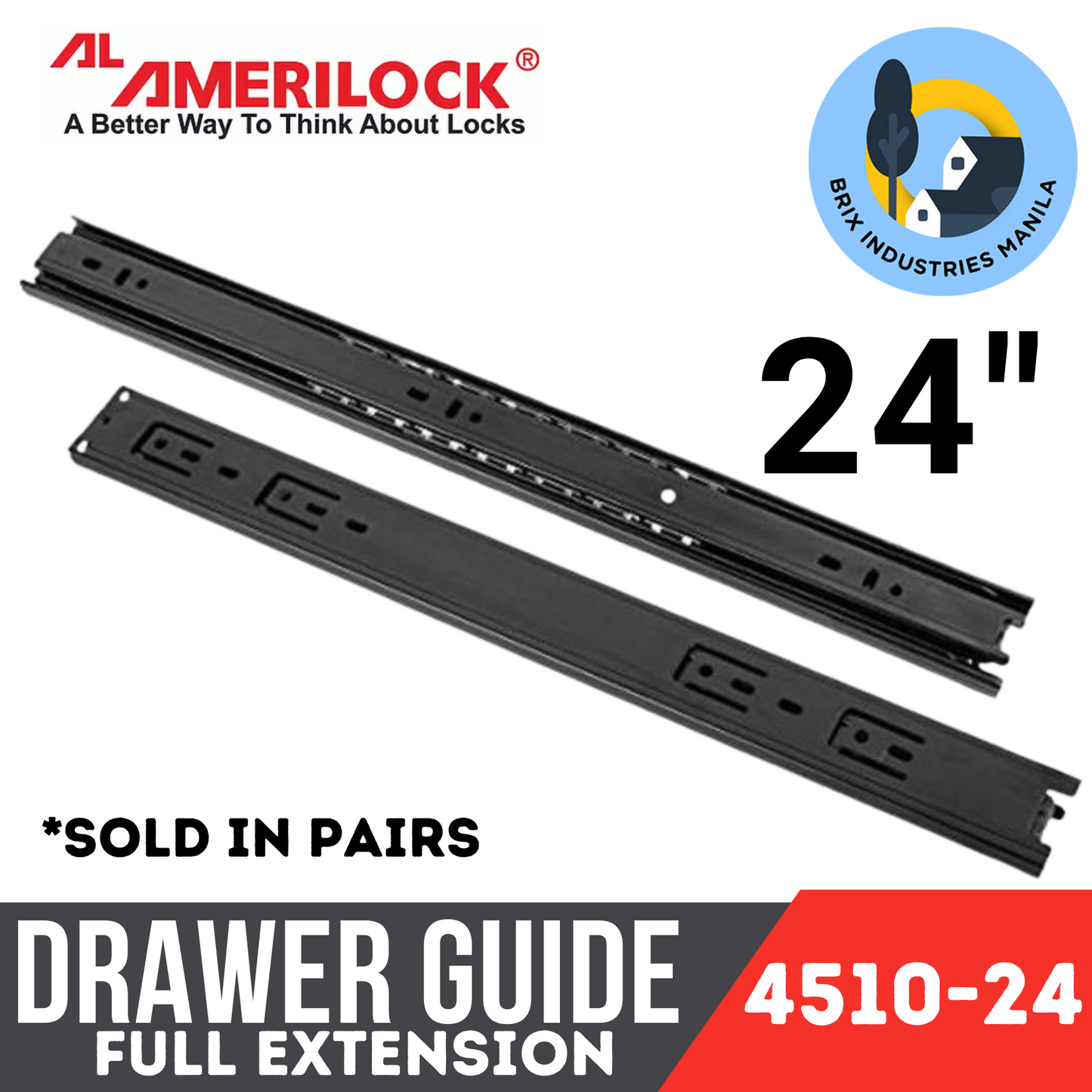 Amerilock Drawer Guide Full Extension Ball Bearing Drawer Slide Heavy Duty 12" 14" 16" 18" 20" 22" 24"