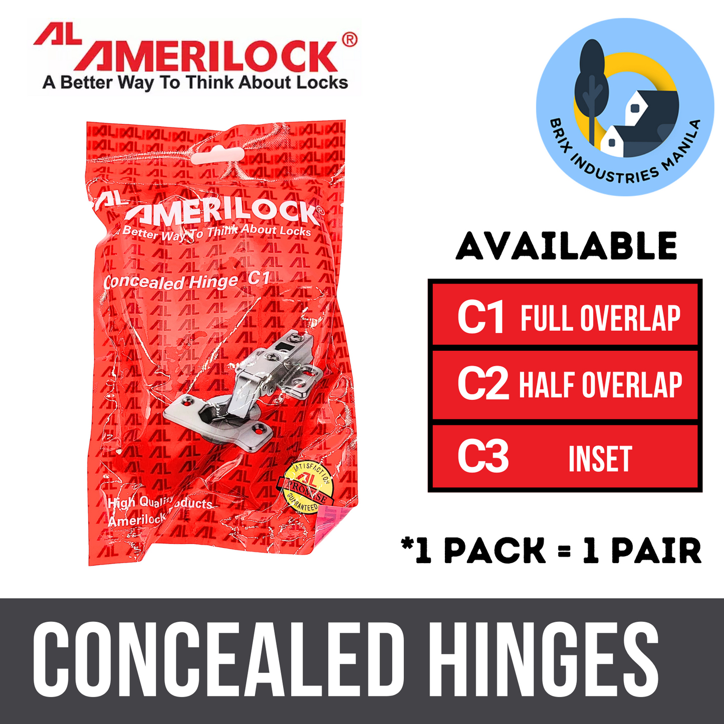 Amerilock Original Concealed Hinges C1, C2, C3 (1 Pair) Full Overlap / Overlap, Half Overlap / Overlay, Inset