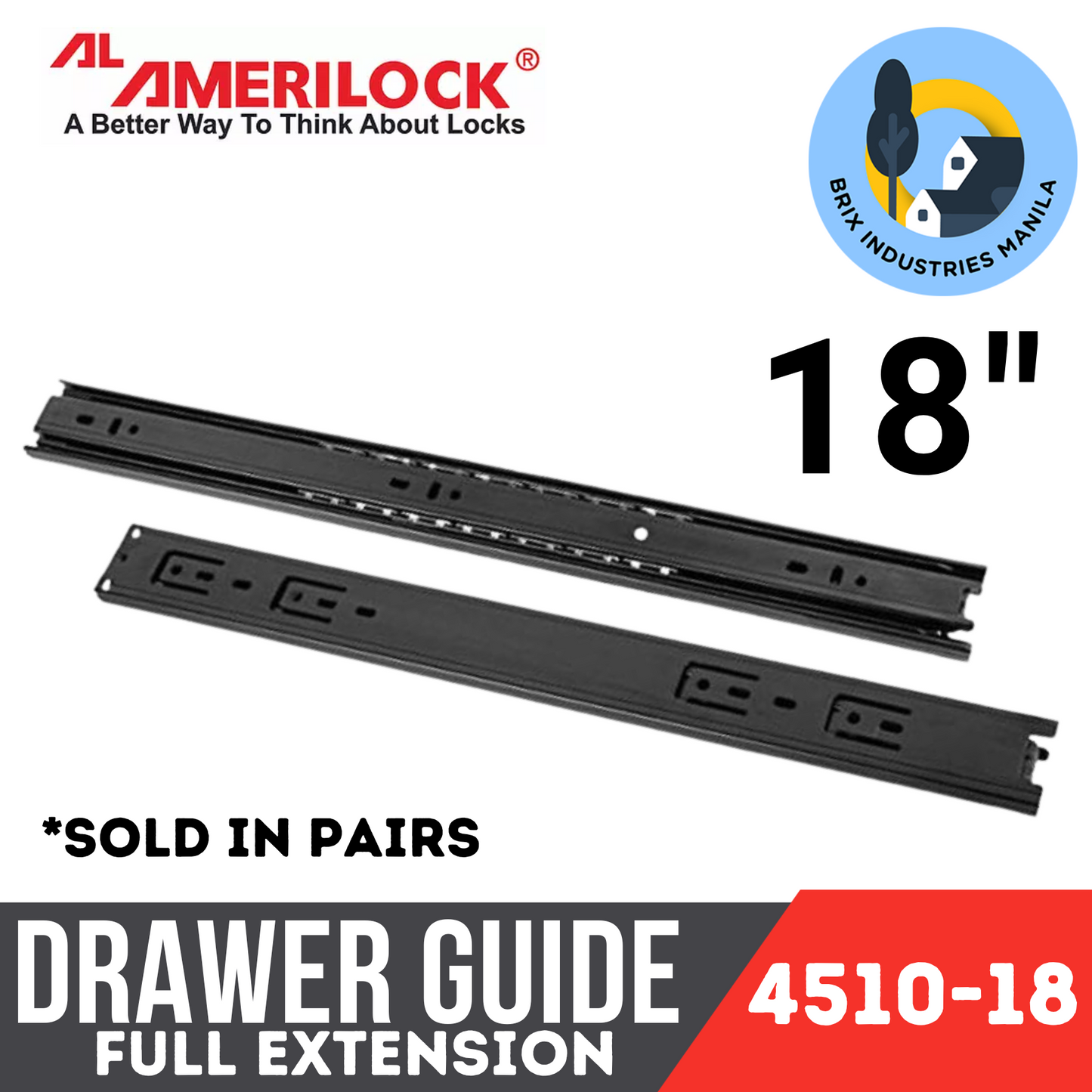 Amerilock Drawer Guide Full Extension Ball Bearing Drawer Slide Heavy Duty 12" 14" 16" 18" 20" 22" 24"