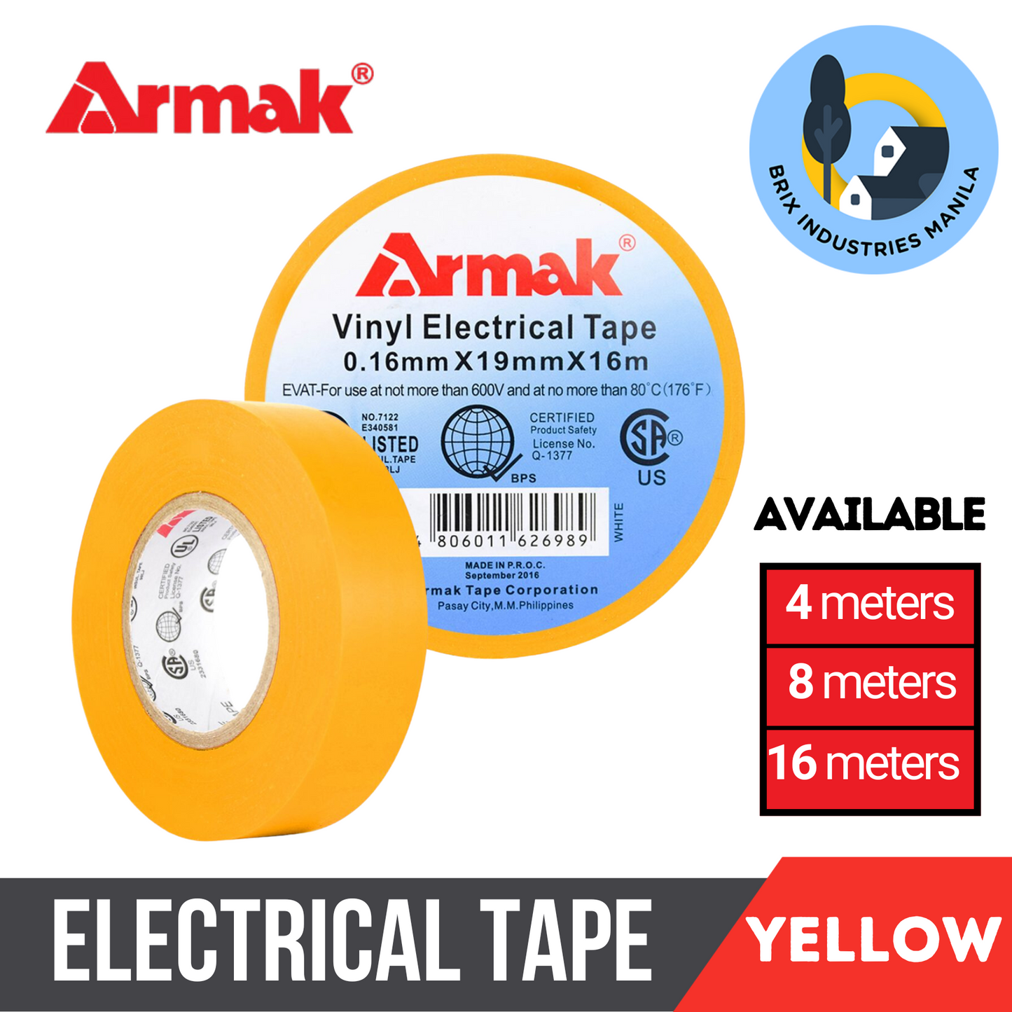 Armak Original Electrical Tape Black Blue Green Red White Yellow 4, 8 or 16 Meters Small Medium Big Sizes