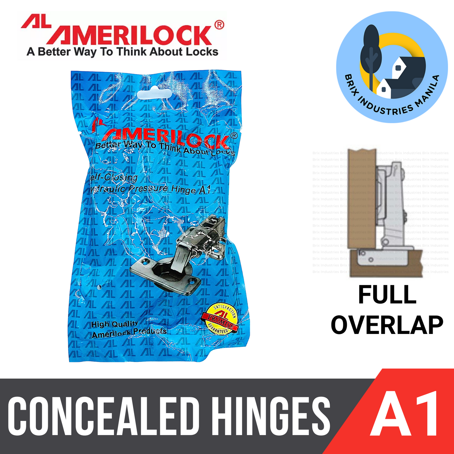 Amerilock Original Hydraulic Concealed Hinges Self-Closing A1 A2 A3 (1 Pair) Full Overlap, Half Overlap, Inset Cabinet Hinges