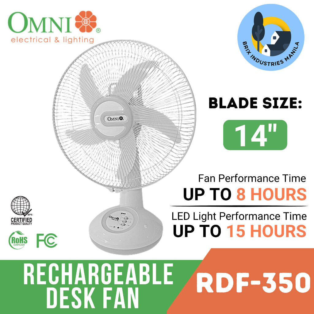 Omni Rechargeable Desk Fan 14" with LED Light RDF-350 Emergency Light and Powerbank Brix