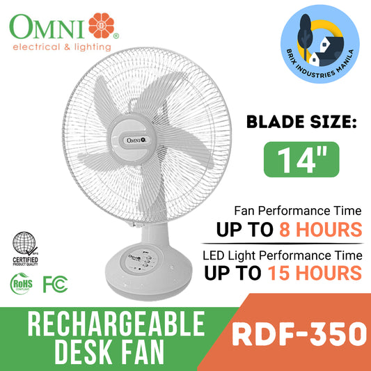 Omni Rechargeable Desk Fan 14" with LED Light RDF-350 Emergency Light and Powerbank Brix
