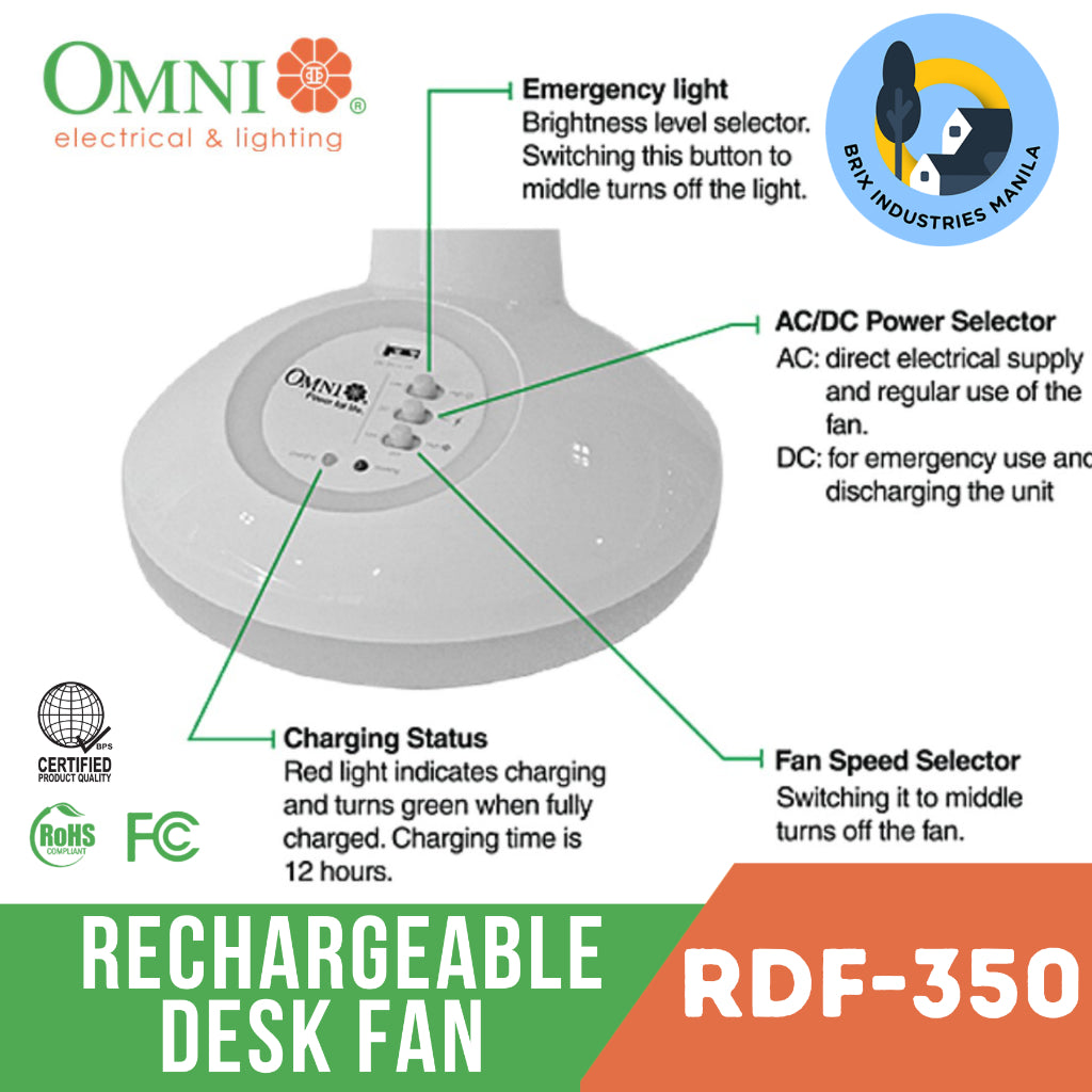 Omni Rechargeable Desk Fan 14" with LED Light RDF-350 Emergency Light and Powerbank Brix