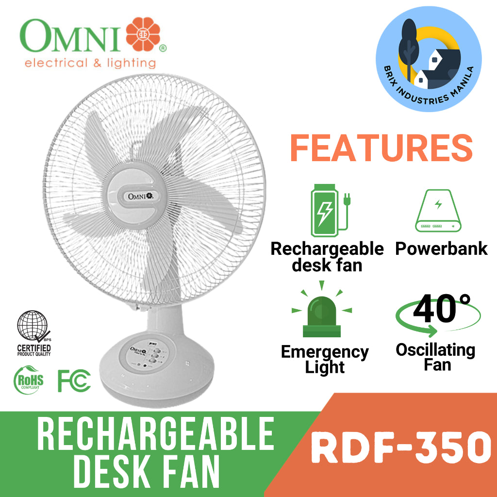 Omni Rechargeable Desk Fan 14" with LED Light RDF-350 Emergency Light and Powerbank Brix