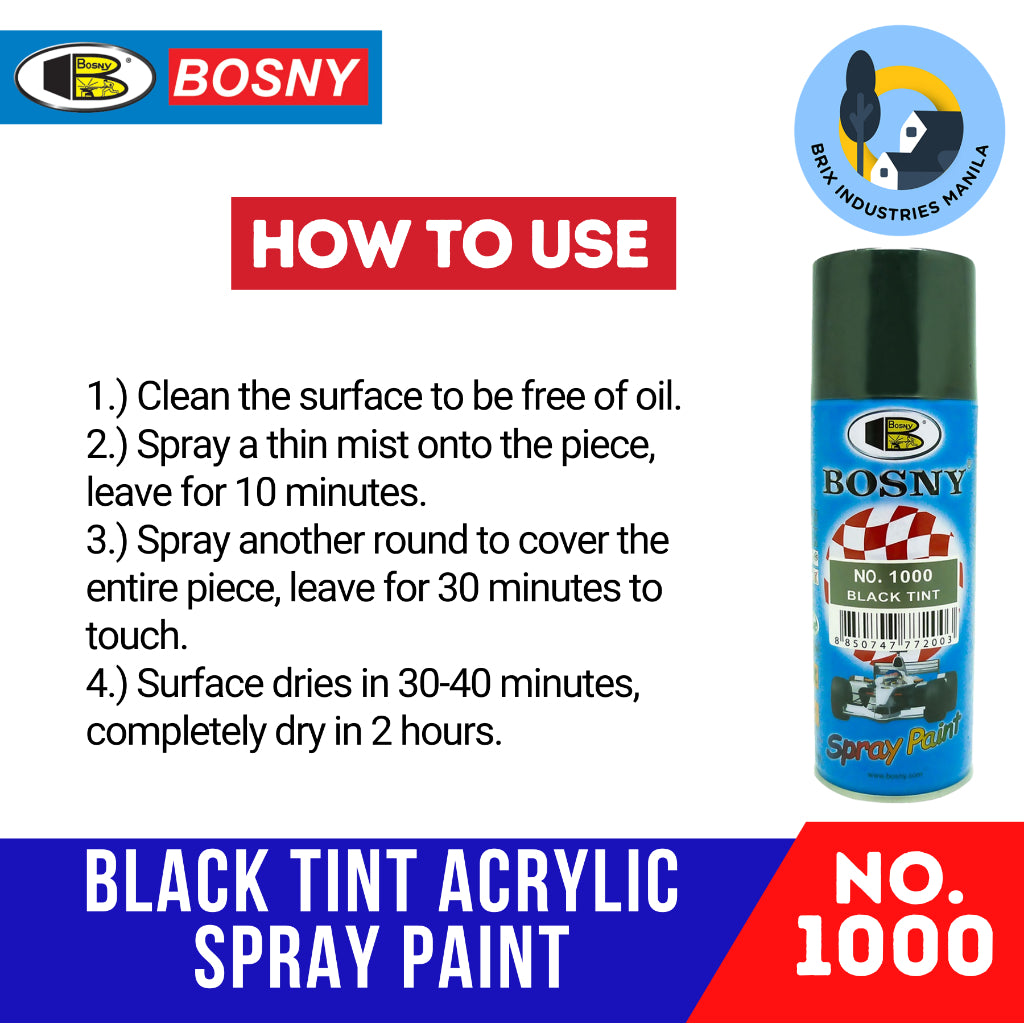 Bosny Black Tint Spray Paint No. 1000 Quick Drying Lacquer Spray 100% Acrylic Automotive Finishes