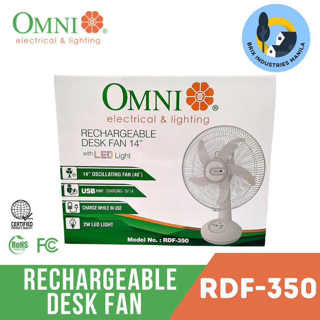 Omni Rechargeable Desk Fan 14" with LED Light RDF-350 Emergency Light and Powerbank Brix